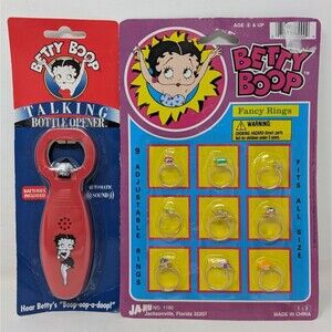 Vintage 2002 Betty Boop Talking Bottle Opener and 9 Fancy Adjustable Rings 1996